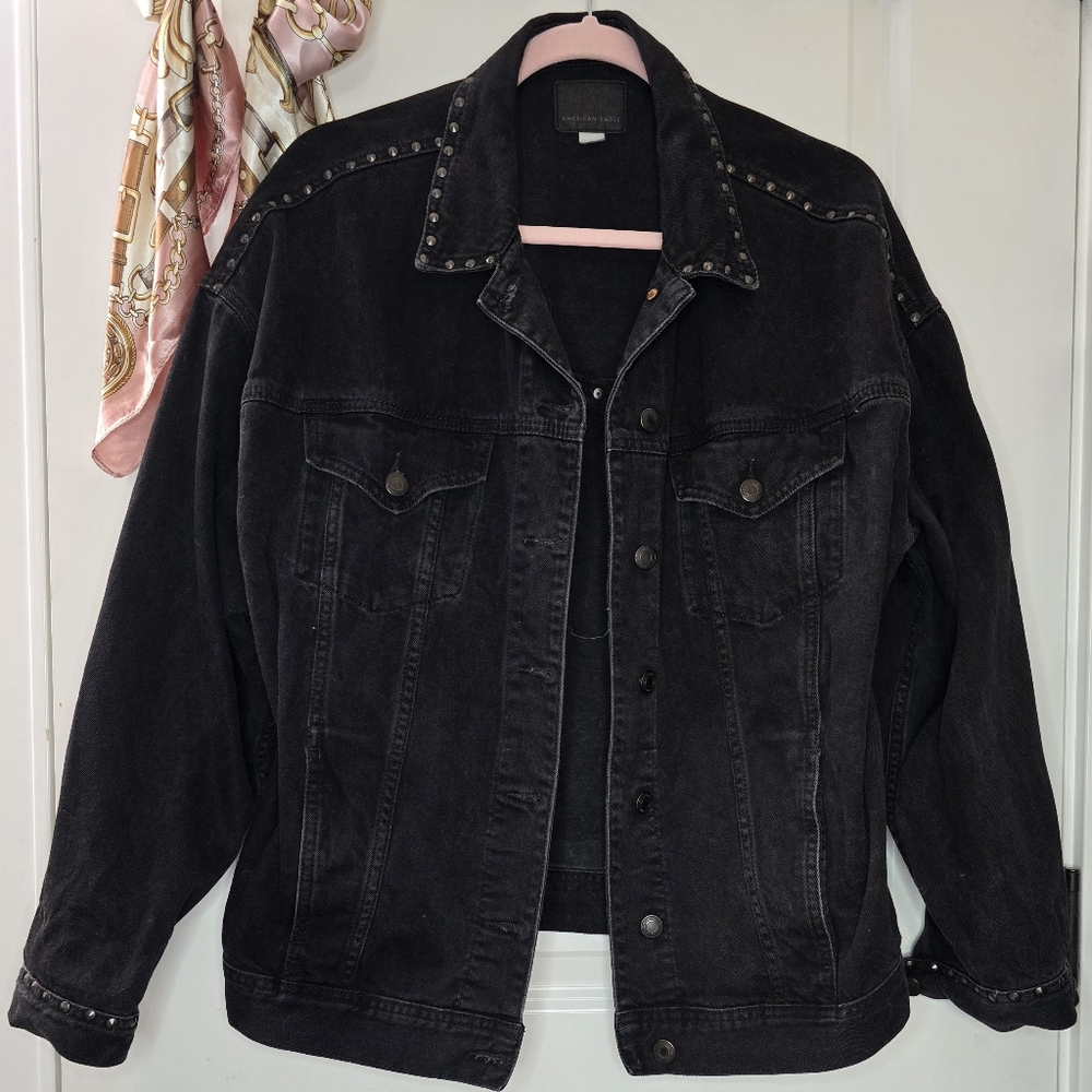 American Eagle Oversized Boyfriend Denim Jacket Studded Washed Black Large